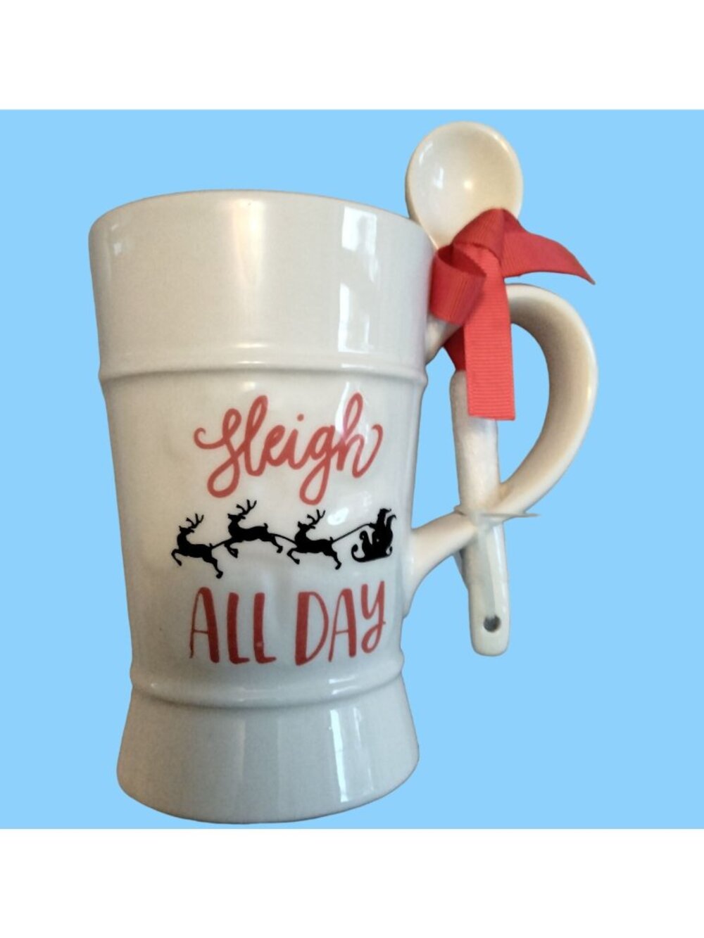 Holiday Hot Chocolate Mug Spoon Sleigh All Day Santa Reindeer Christmas Cup